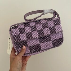 Anthropologie Fiona purple check beaded bag